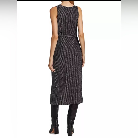 PRICE FIRM Paige Black Silver Pinstripe Metallic V-Neck Wrap Midi Dress S NWT - Picture 5 of 6